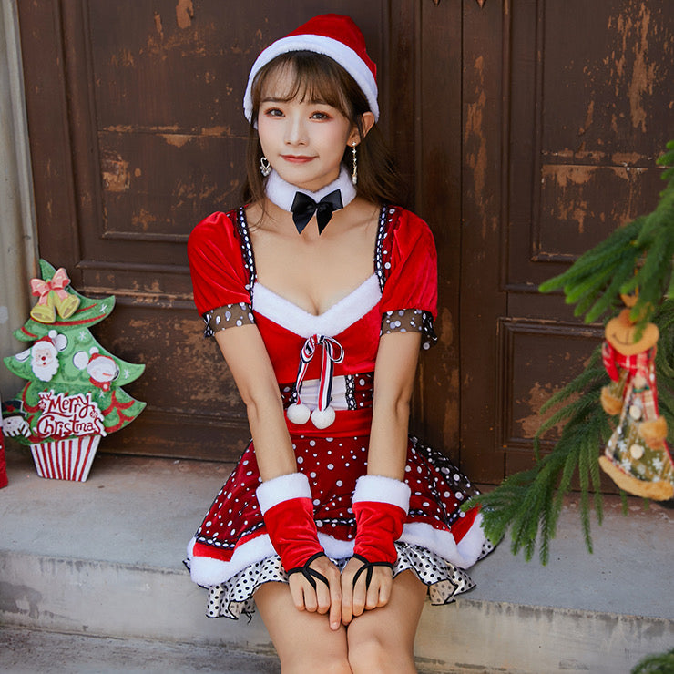 Women's Lovely Santa Girl Puff Sleeve Snow Print Mini Dress Christmas Costume