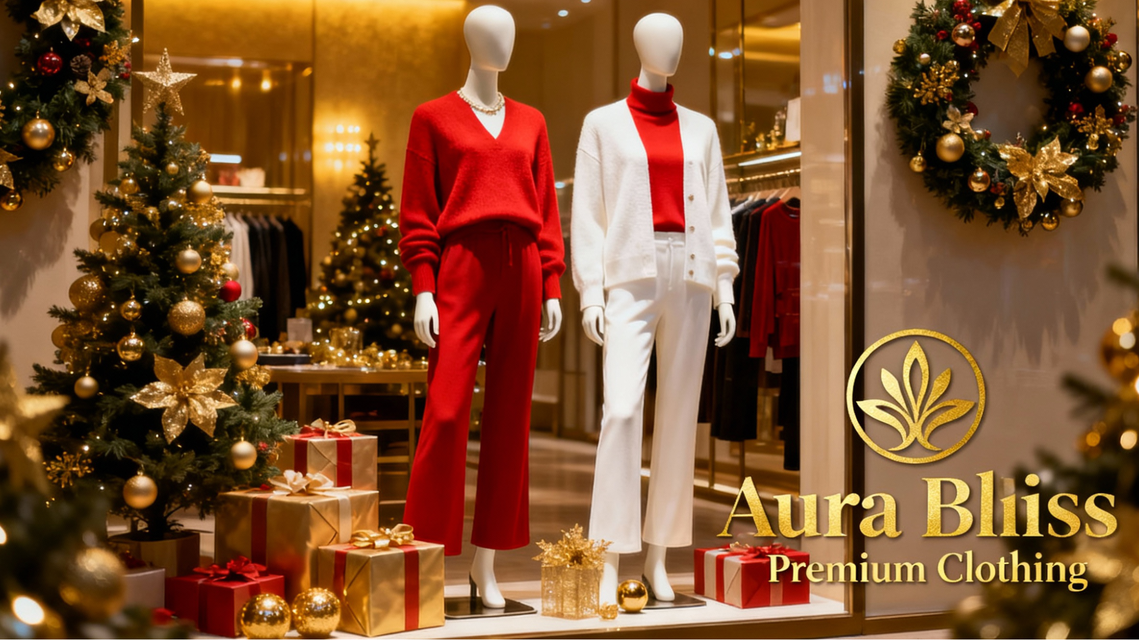 Aura Bliss clothing store window display with mannequins in red and white outfits, Christmas decorations, and wreath.